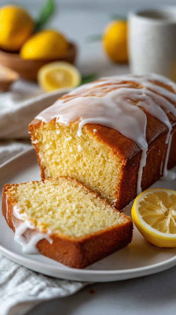 Lemon Loaf being served on beautiful dinnerware
