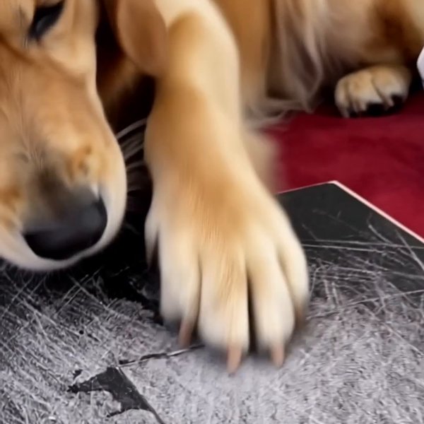 Dog paw scratching the black sandpaper top
