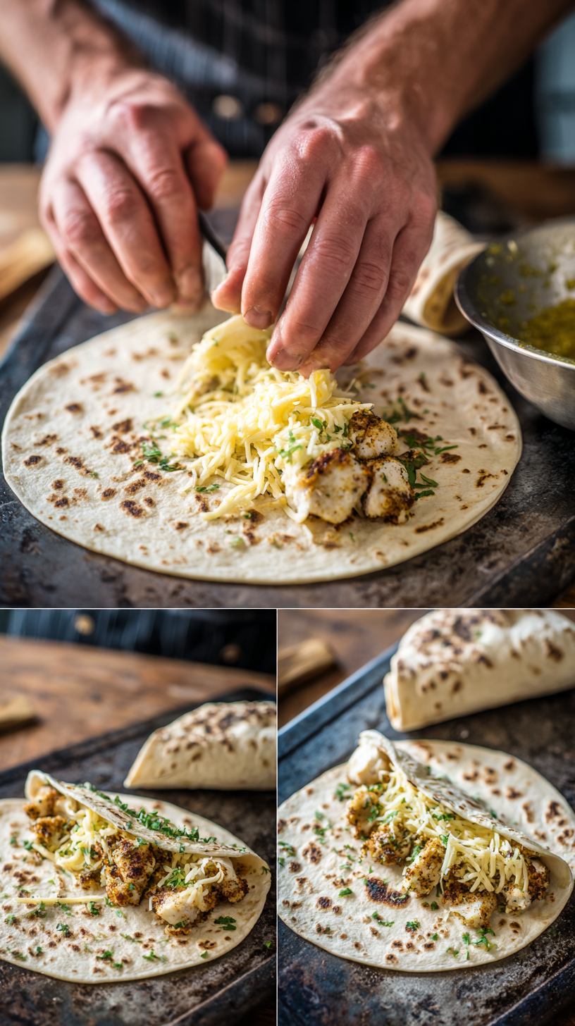 Preparing Cheesy Garlic Chicken Wraps step by step cooking process