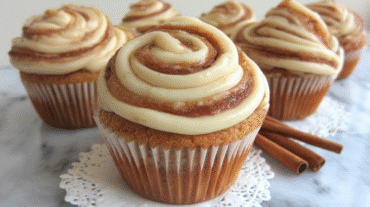 Hero shot of Cinnamon Roll Cupcakes with a mini cinnamon roll on top