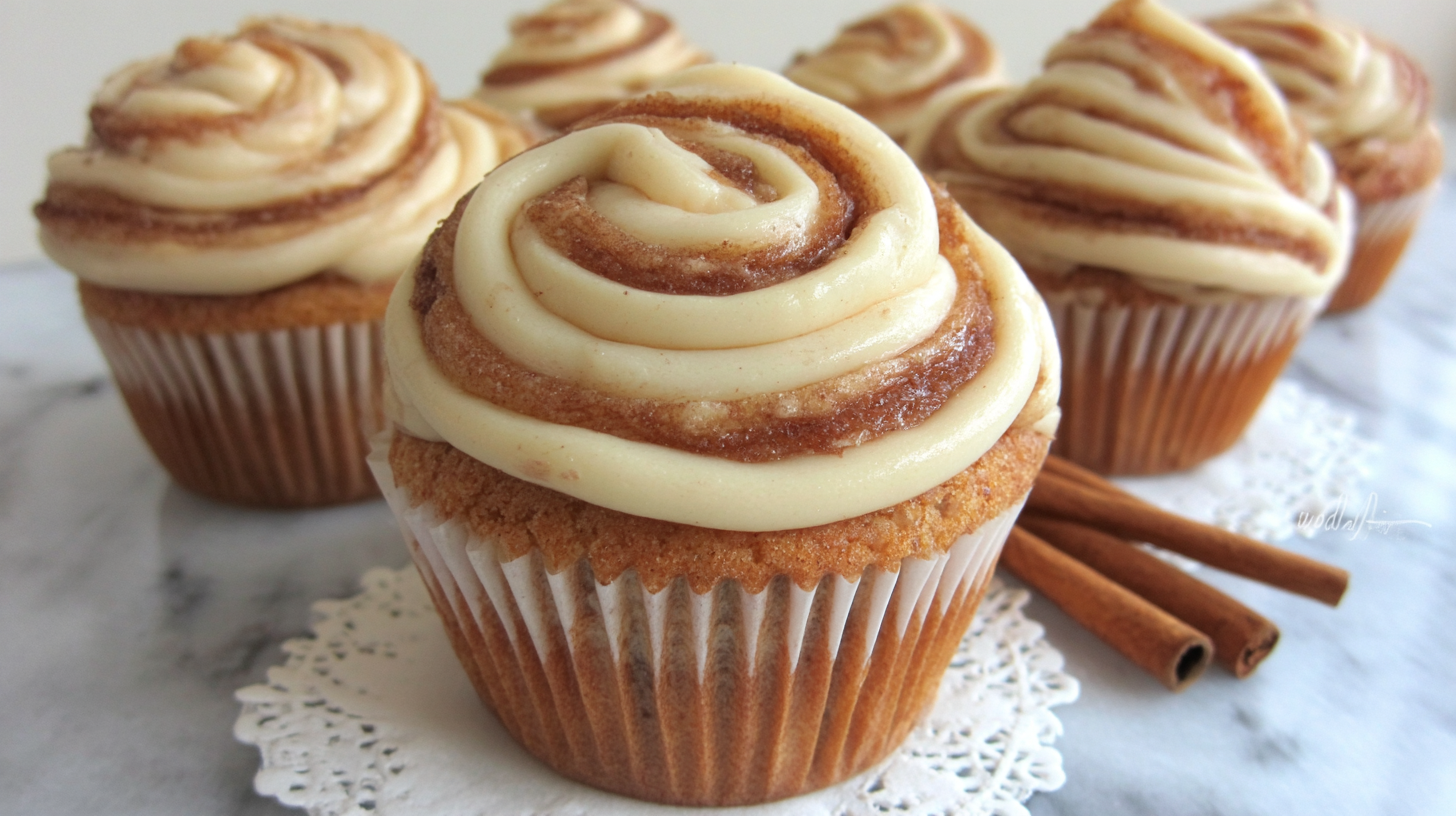 Hero shot of Cinnamon Roll Cupcakes with a mini cinnamon roll on top