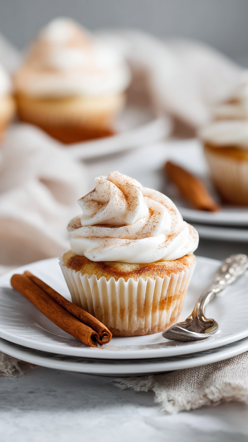 Cinnamon Roll Cupcakes being served on beautiful dinnerware