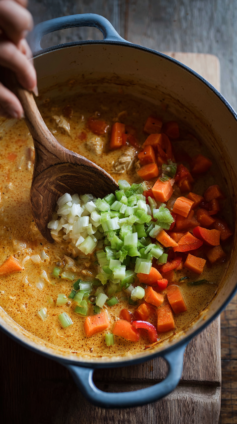 Preparing Creamy Cajun Chicken Soup step by step cooking process