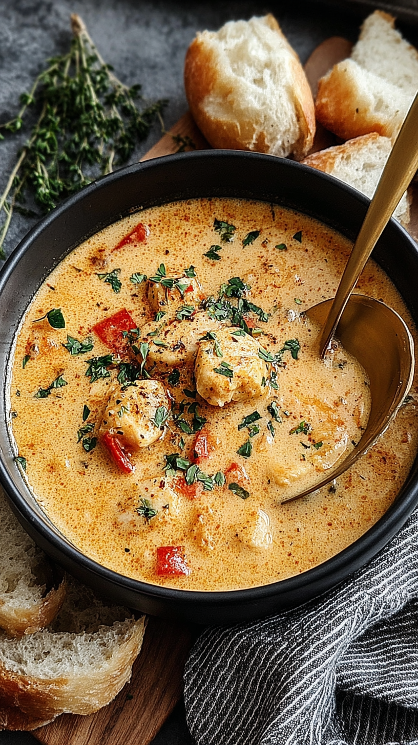 Creamy Cajun Chicken Soup being served on beautiful dinnerware