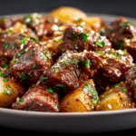 Crockpot Garlic Butter Beef Bites with Potatoes hero shot of the finished dish