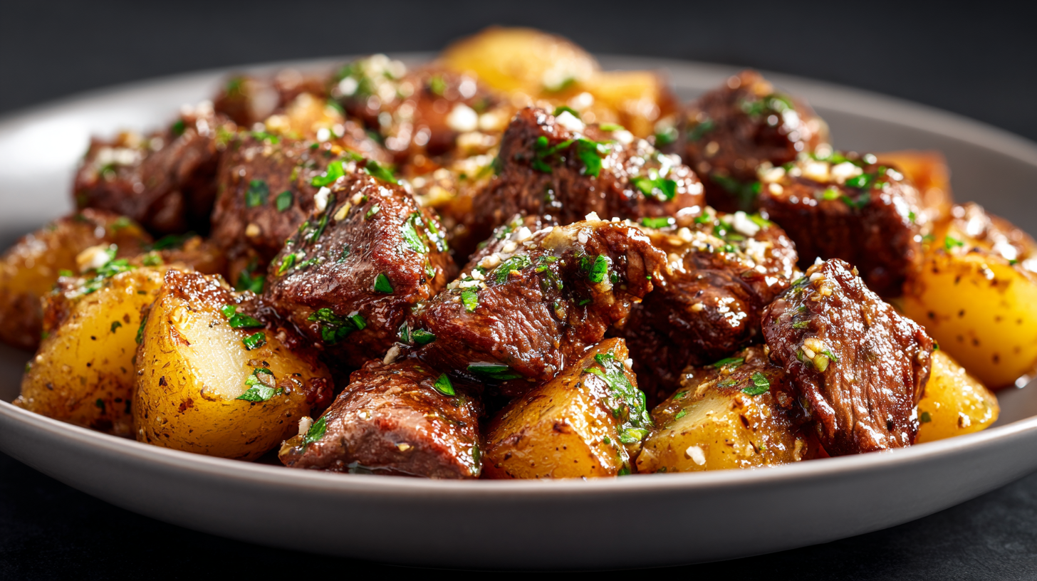 Crockpot Garlic Butter Beef Bites with Potatoes hero shot of the finished dish