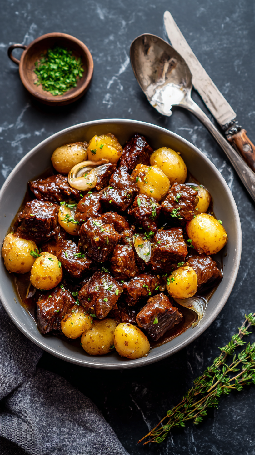 Crockpot Garlic Butter Beef Bites with Potatoes being served on beautiful dinnerware