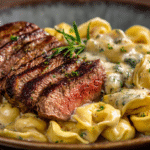 Garlic Butter Steak with Cheesy Alfredo Tortellini hero shot