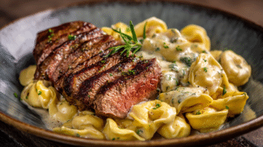 Garlic Butter Steak with Cheesy Alfredo Tortellini hero shot