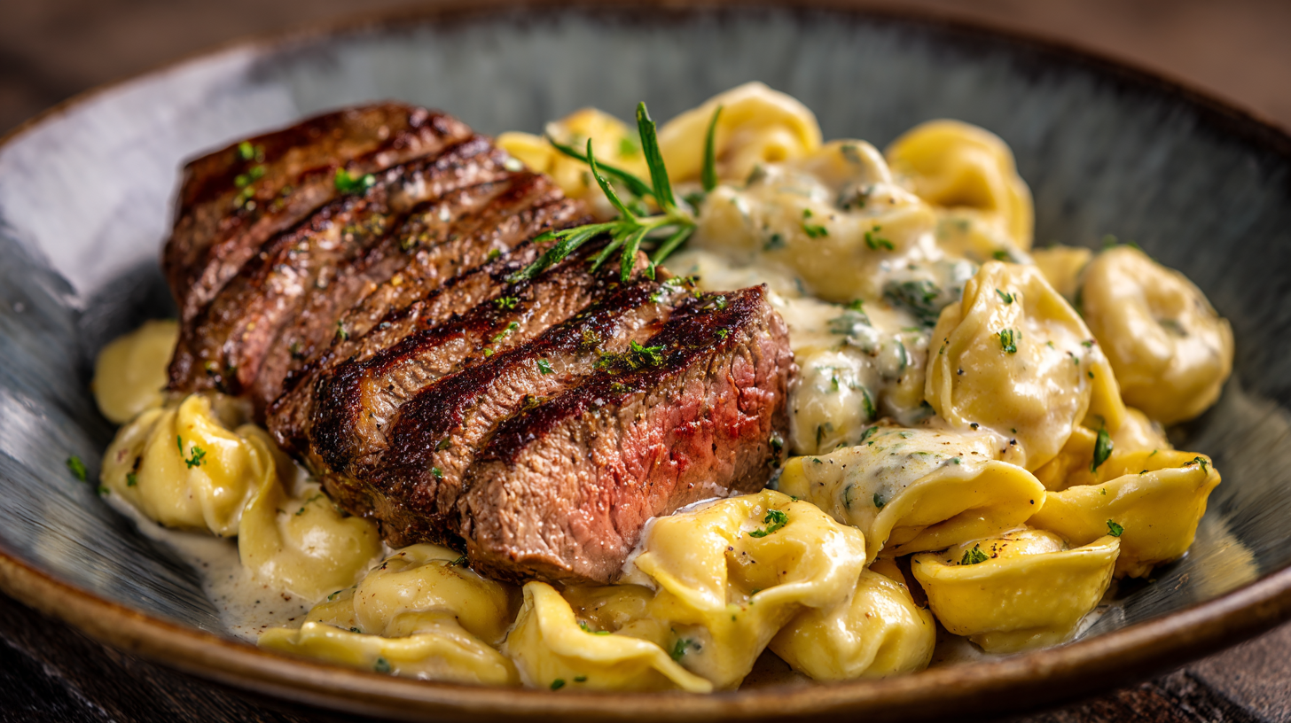 Garlic Butter Steak with Cheesy Alfredo Tortellini hero shot
