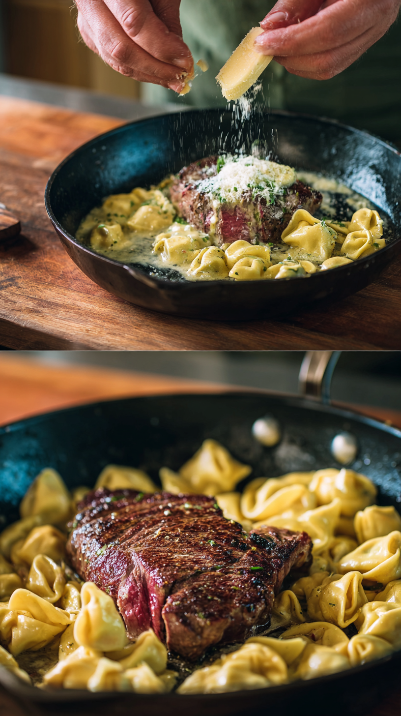 Preparing Garlic Butter Steak with Cheesy Alfredo Tortellini step by step cooking process