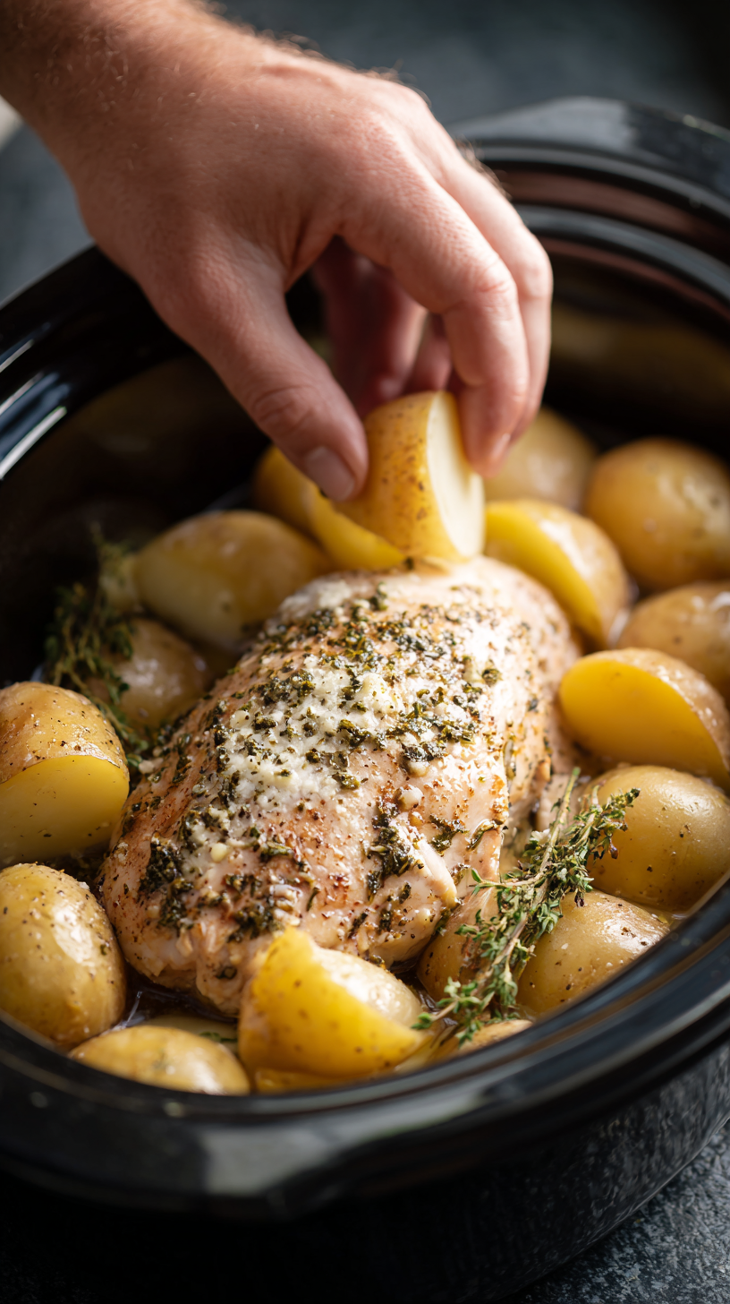 Preparing Garlic Parmesan Crockpot Chicken and Potatoes step by step cooking process