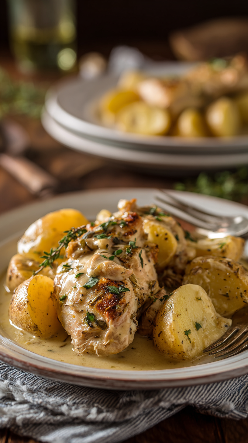 Garlic Parmesan Crockpot Chicken and Potatoes being served on beautiful dinnerware