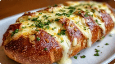 Gooey garlic cheese bread hero shot with melted cheese and parsley