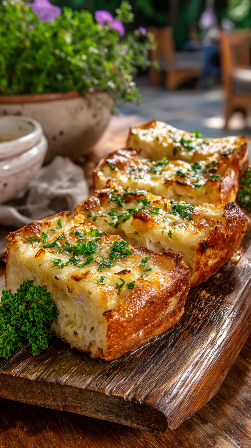 Gooey garlic cheese bread being served on beautiful dinnerware