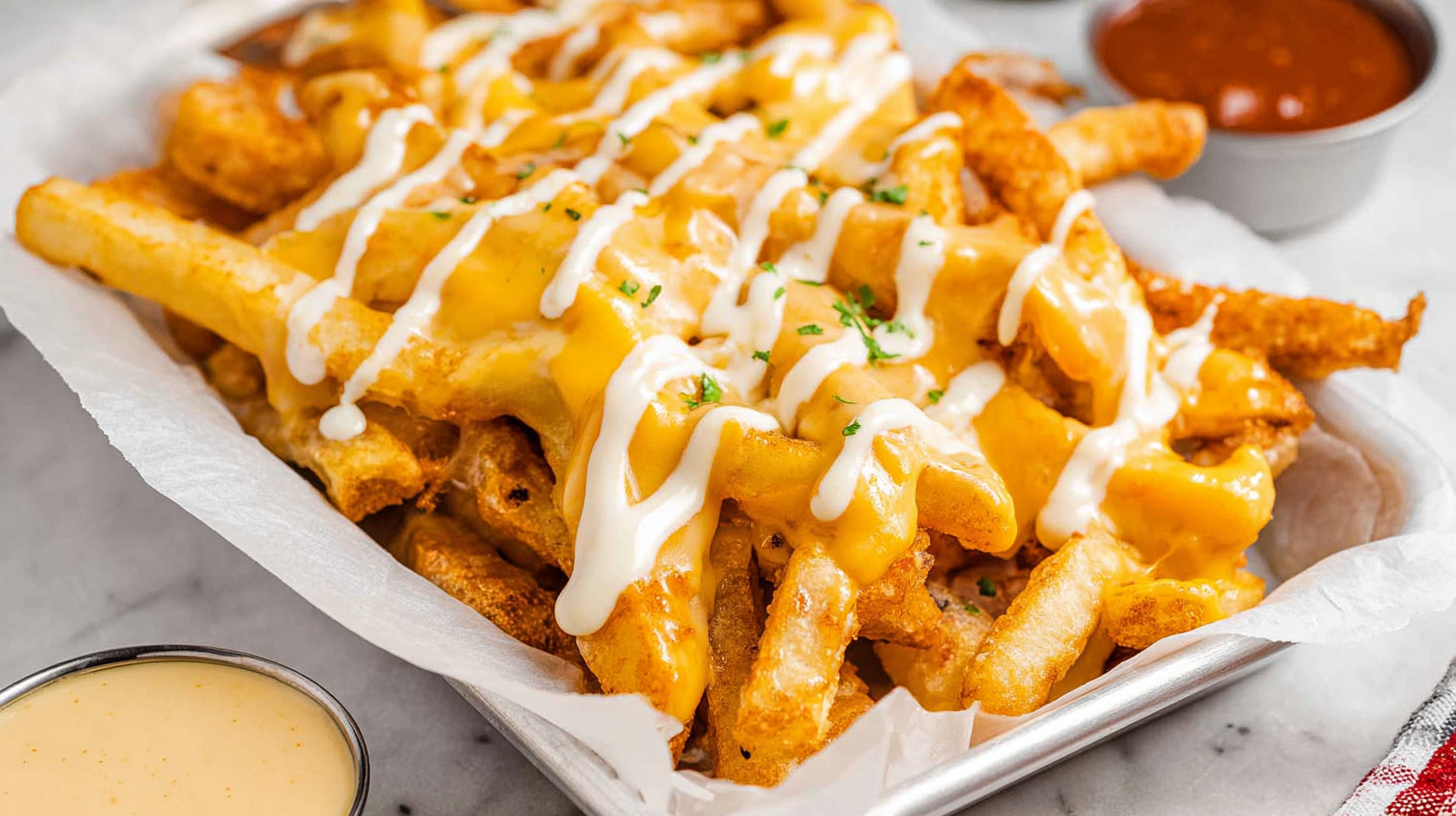 Hero shot of Louisiana voodoo fries with cheese sauce and ranch drizzle