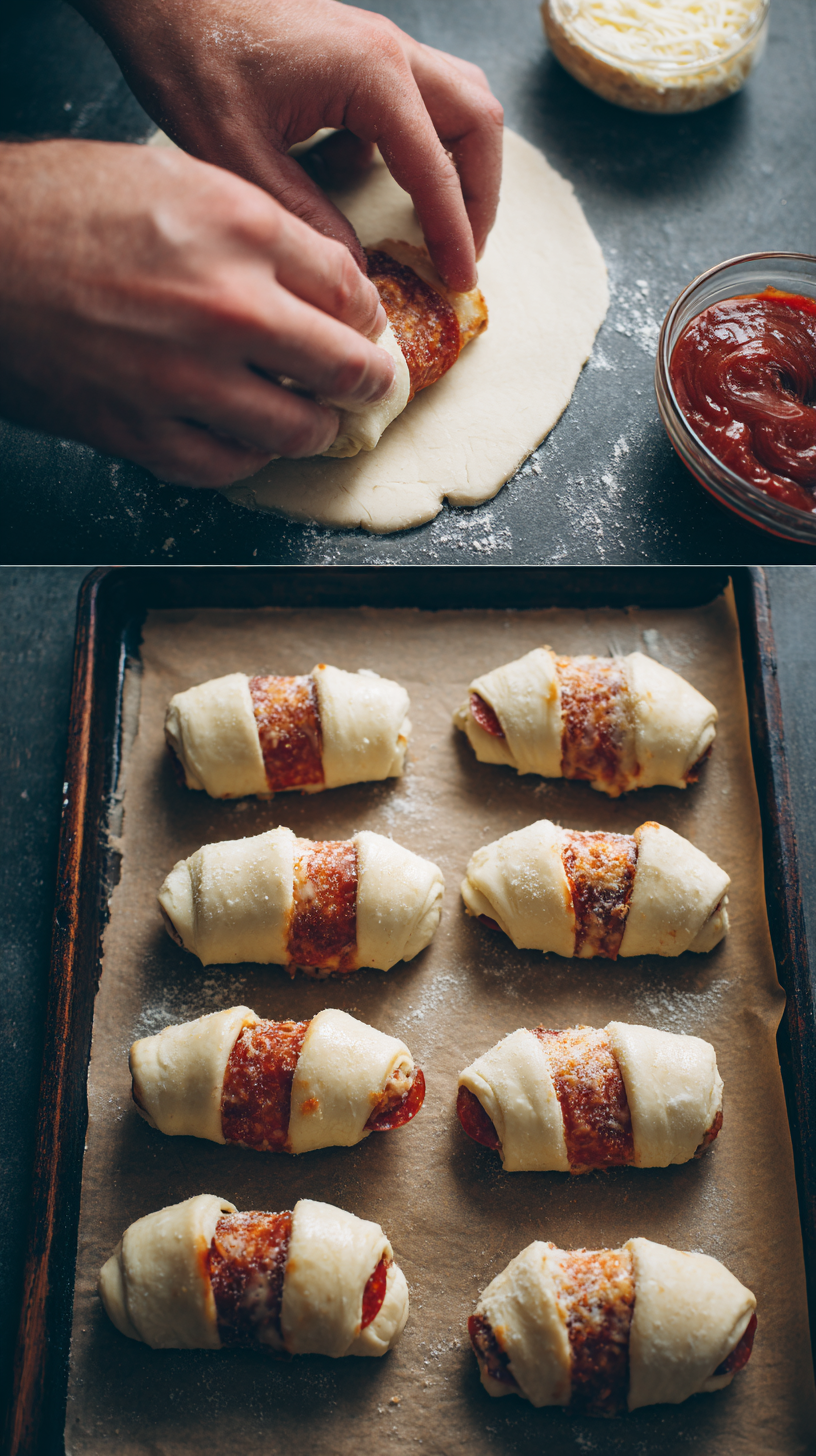 Preparing Mozzarella pepperoni croissant rolls step by step cooking process