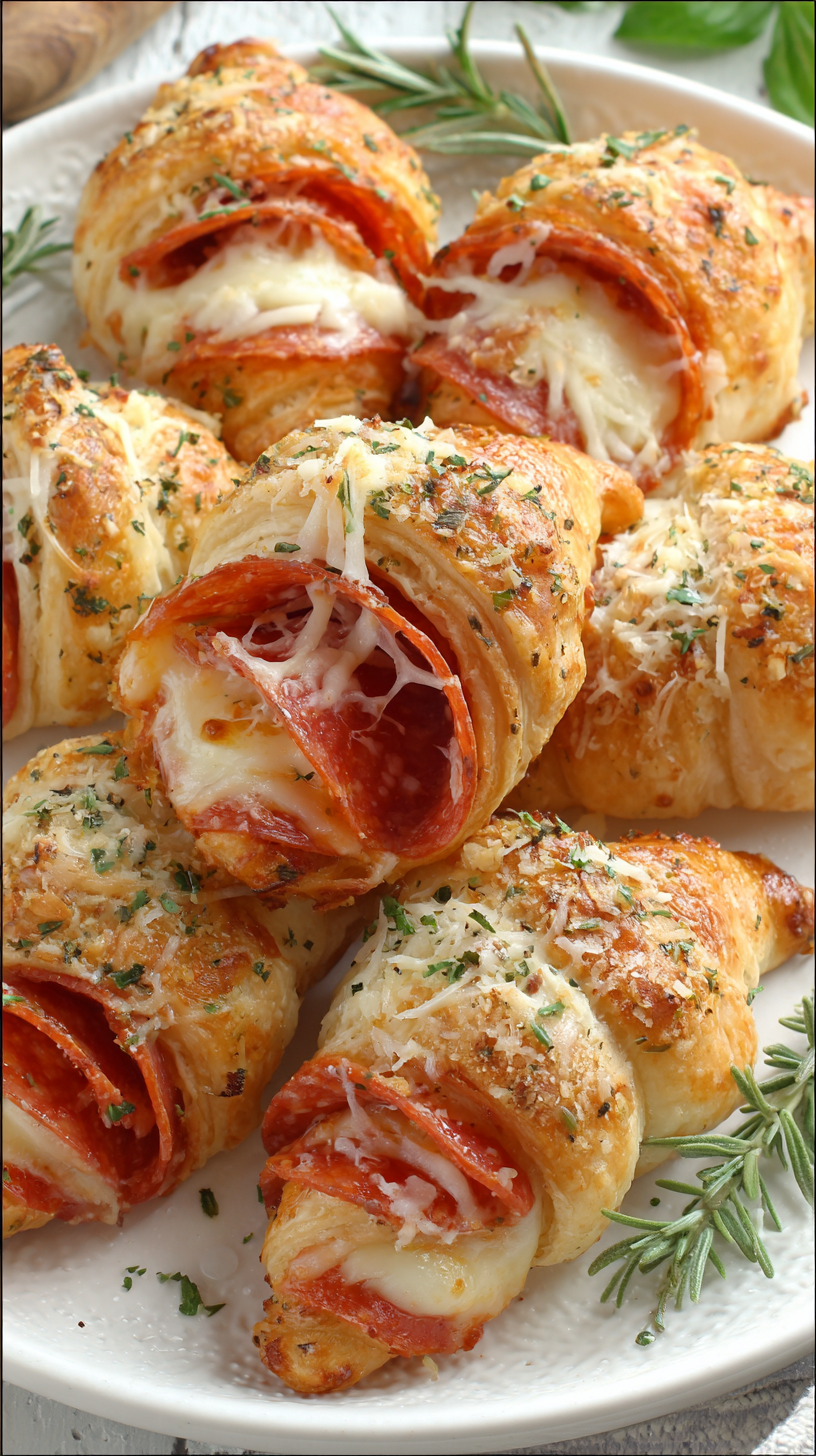 Mozzarella pepperoni croissant rolls being served on beautiful dinnerware