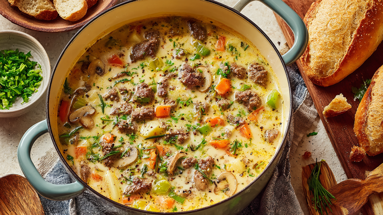 One-Pot Philly Cheesesteak Soup hero shot of the finished dish