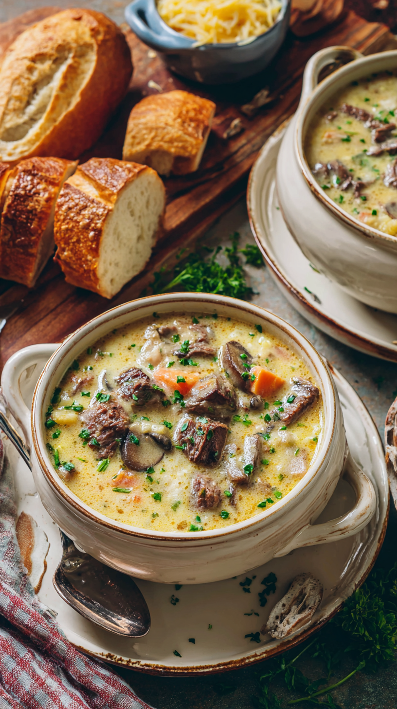 One-Pot Philly Cheesesteak Soup being served on beautiful dinnerware