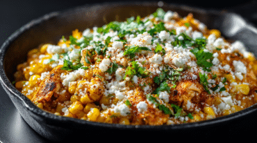 Slow Cooker Street Corn Chicken hero shot with cotija cheese and cilantro