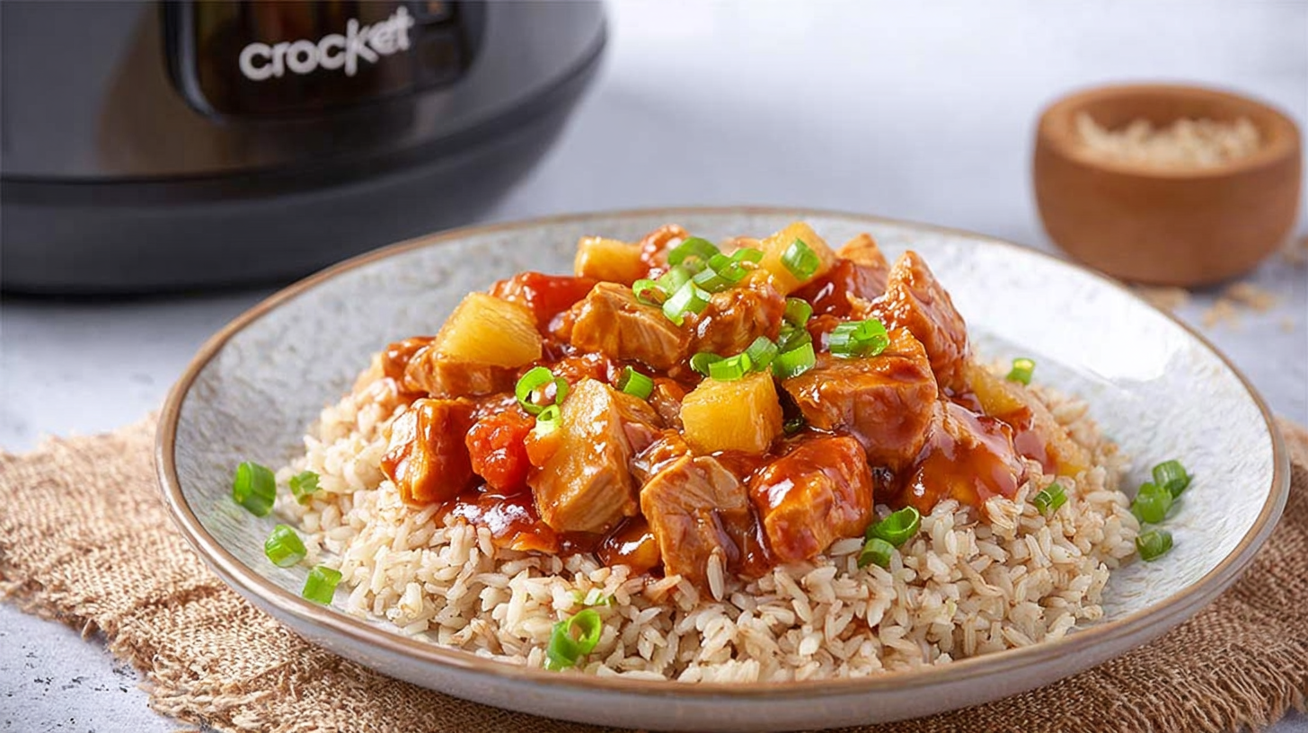 Sweet Hawaiian Crockpot Chicken hero shot with vibrant colors and ingredients