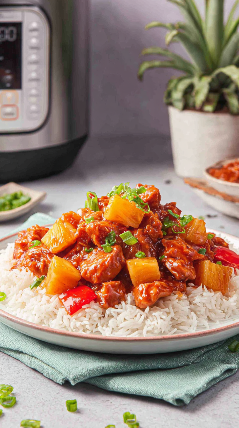 Sweet Hawaiian Crockpot Chicken being served on beautiful dinnerware