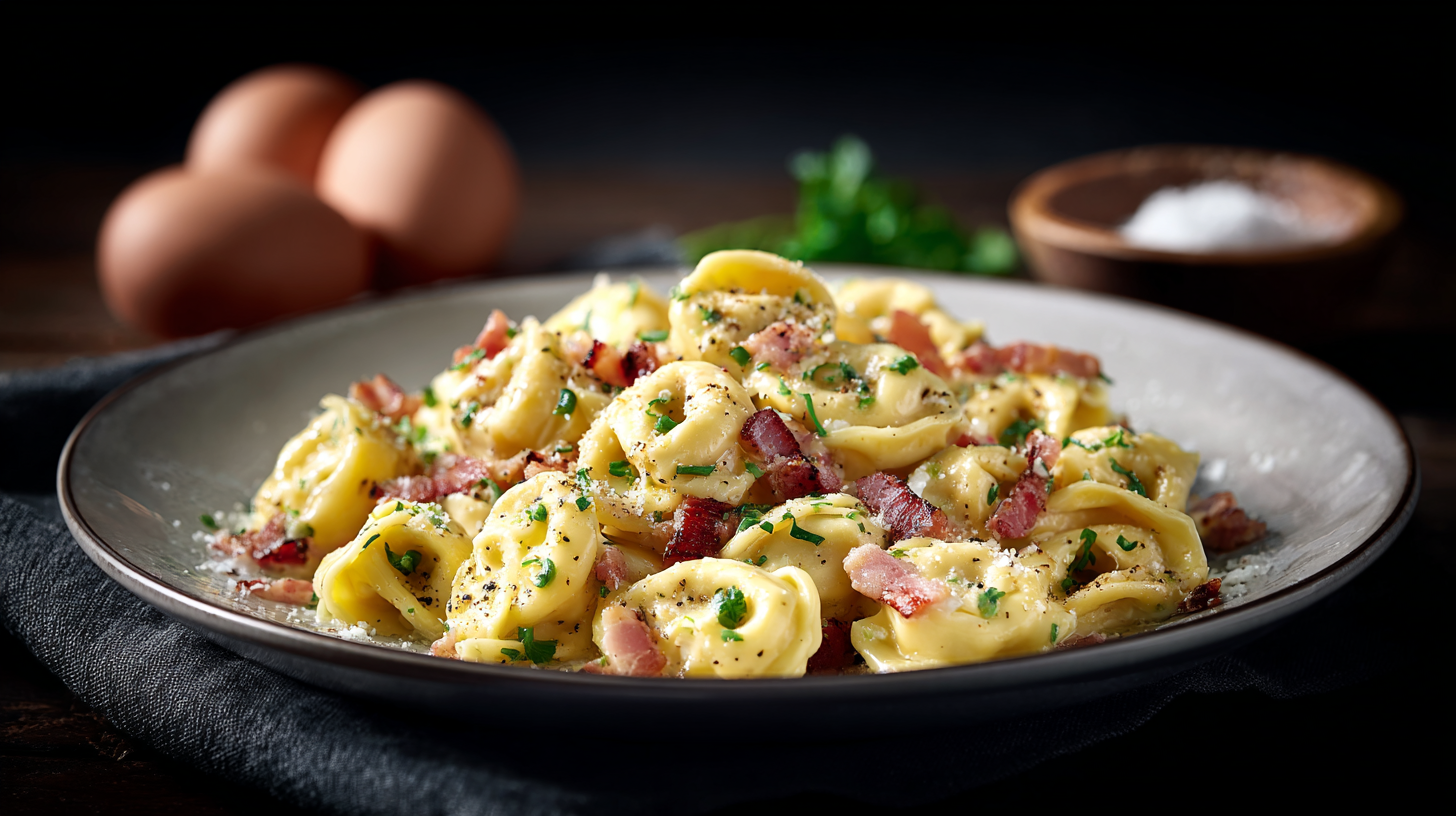 Hero shot of Tortellini Carbonara with creamy sauce and green peas