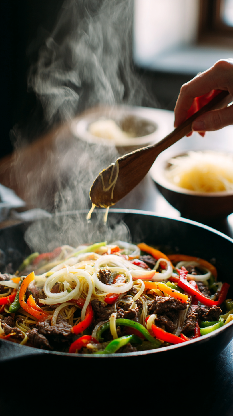 Preparing Budget-Friendly Philly Cheesesteak Pasta step by step cooking process