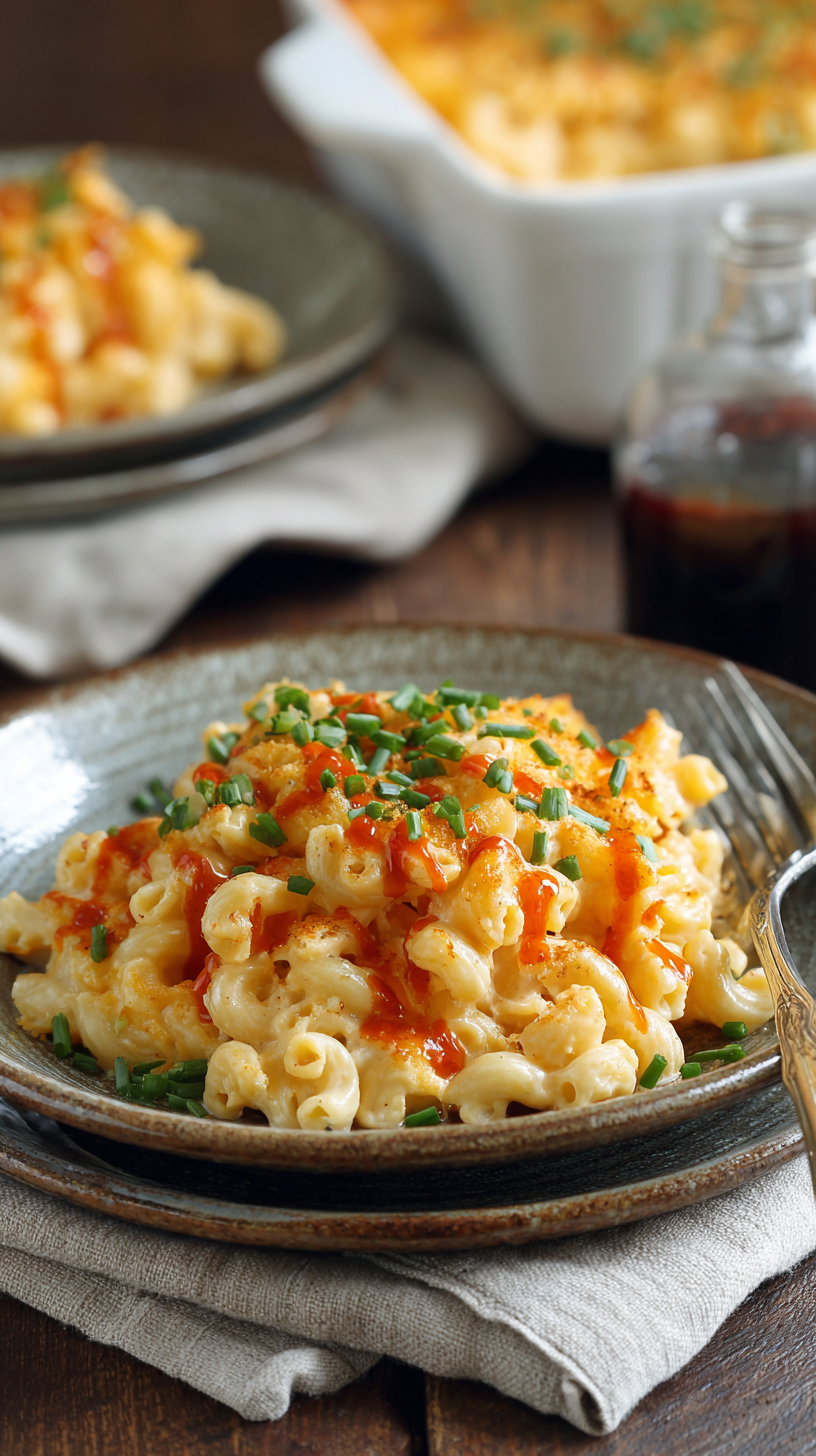 Buffalo Mac and Cheese being served on beautiful dinnerware