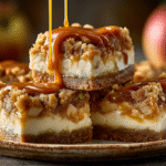 Caramel Apple Cheesecake Bars with caramel drizzle and pecans