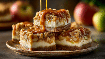 Caramel Apple Cheesecake Bars with caramel drizzle and pecans