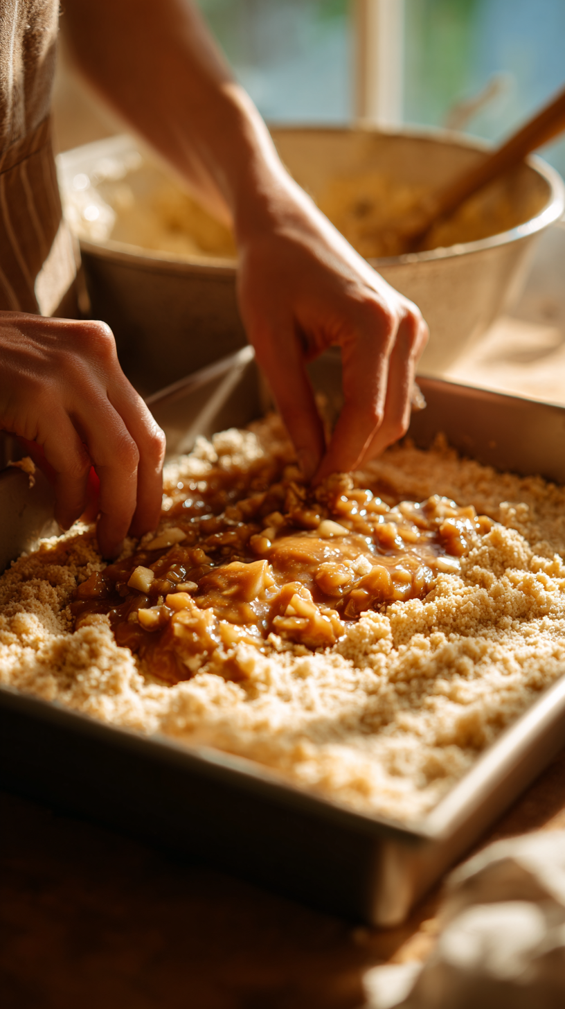 Preparing Caramel Apple Cheesecake Bars step by step cooking process