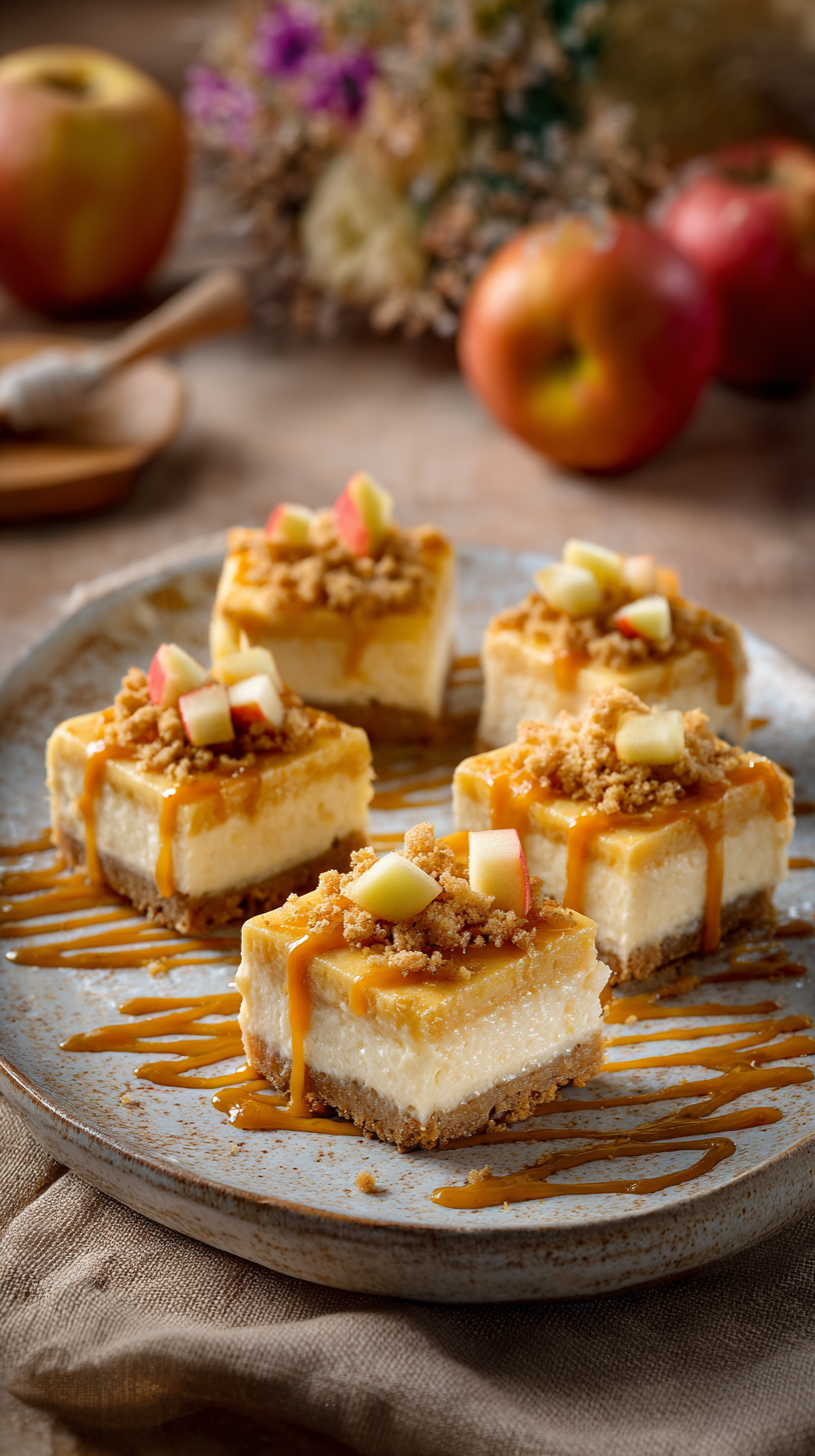 Caramel Apple Cheesecake Bars being served on beautiful dinnerware