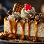 Caramel Drip Cheesecake with caramel dripping down the sides, garnished with whipped cream and cherries