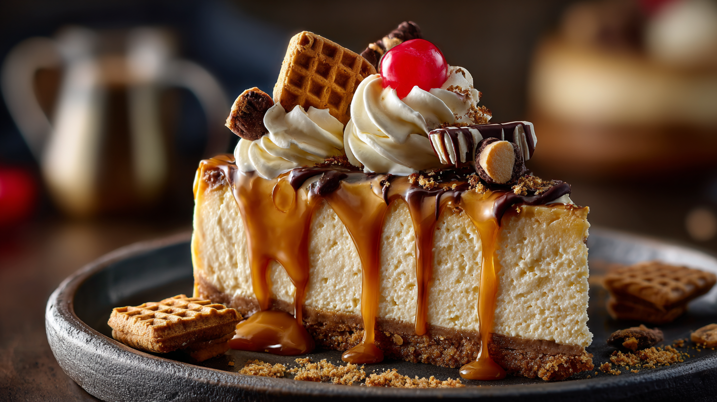 Caramel Drip Cheesecake with caramel dripping down the sides, garnished with whipped cream and cherries