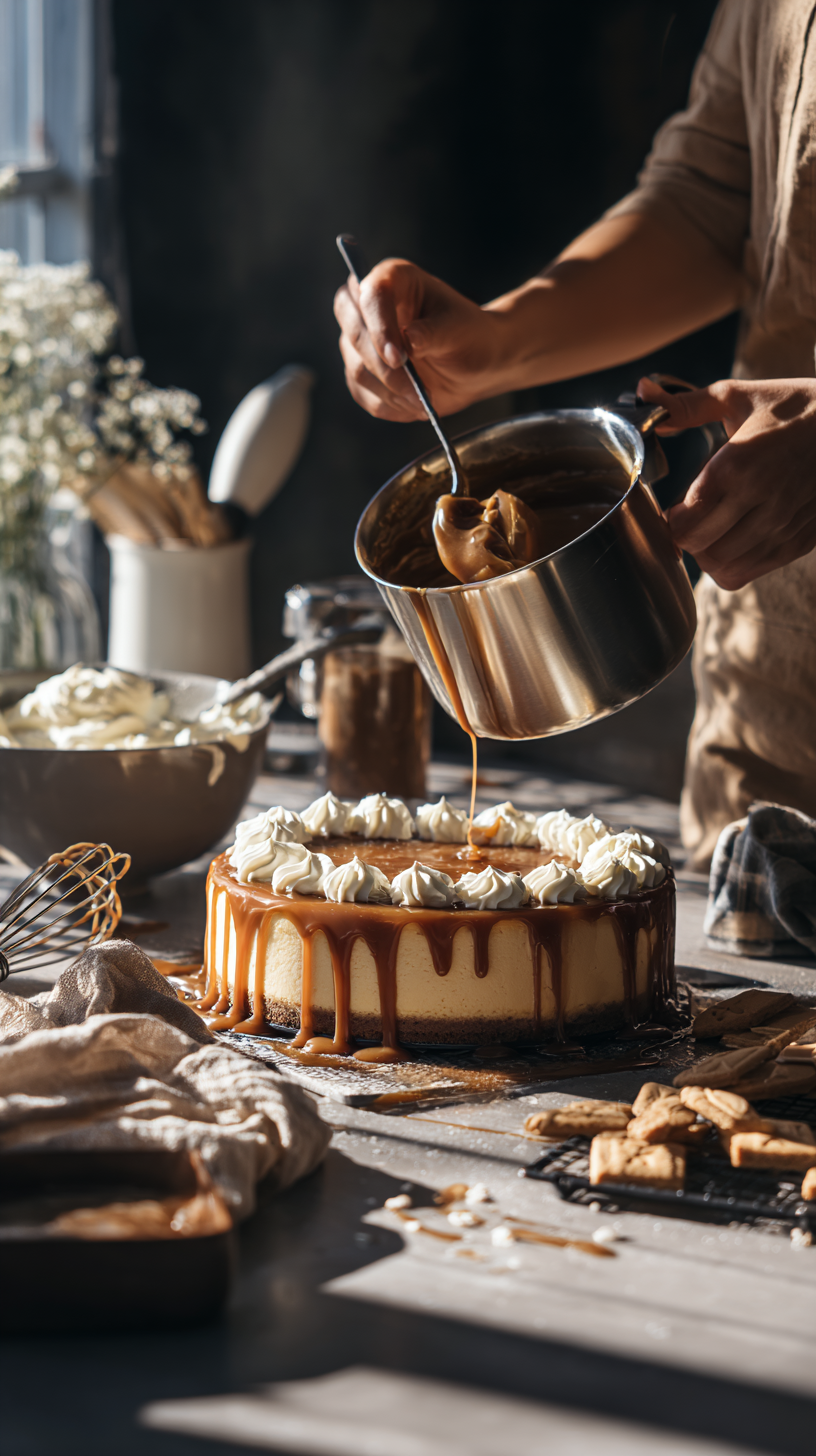 Preparing Caramel Drip Cheesecake step by step cooking process