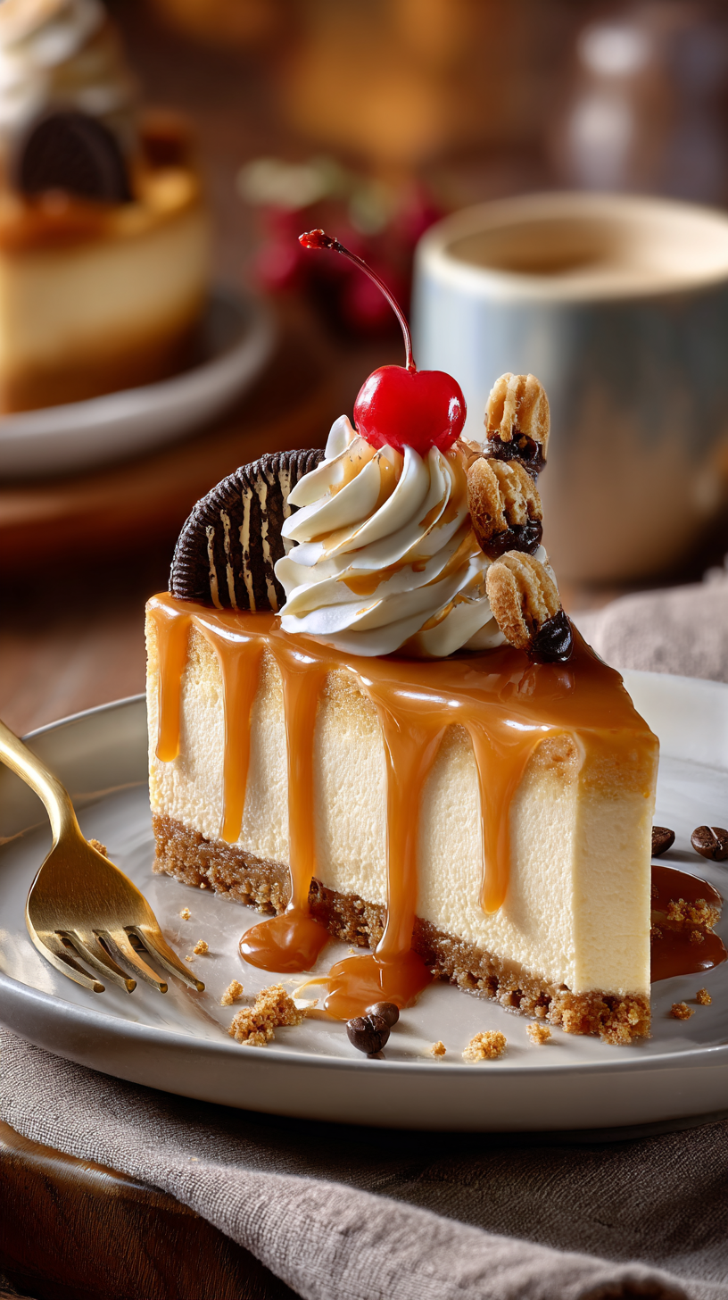 Caramel Drip Cheesecake being served on beautiful dinnerware