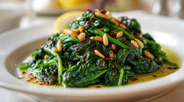 Hero shot of Catalan Spinach Sauté with golden pine nuts and lemon