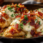 Cheesy Bacon Ranch Chicken hero shot with crispy bacon and melted cheese