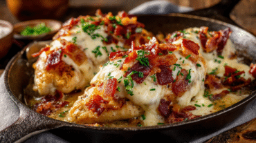 Cheesy Bacon Ranch Chicken hero shot with crispy bacon and melted cheese
