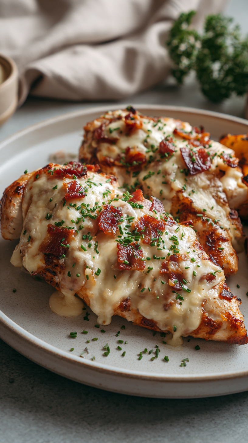 Cheesy Bacon Ranch Chicken being served on beautiful dinnerware