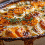 Cheesy Root Vegetable Gratin hero shot with golden brown top