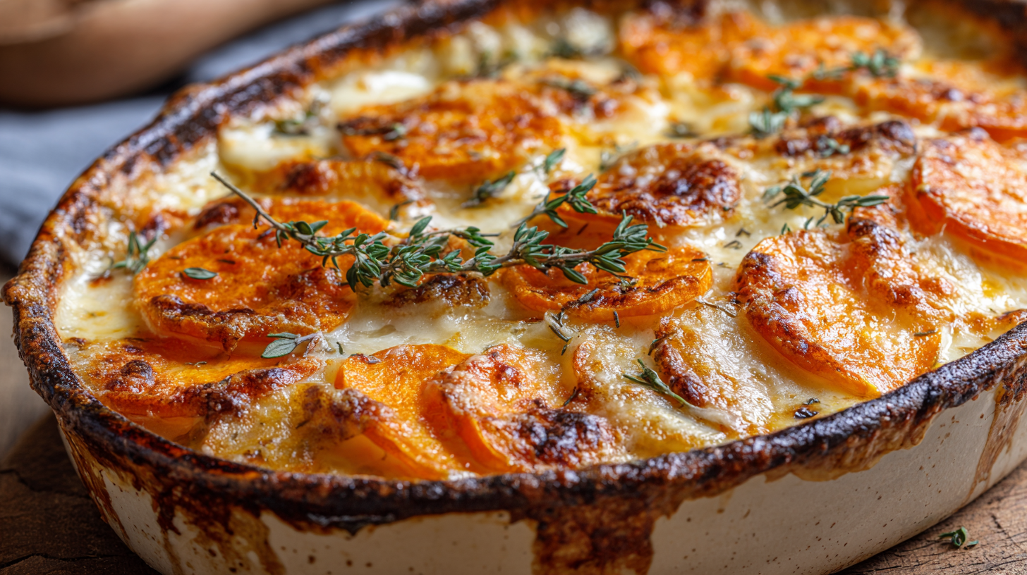 Cheesy Root Vegetable Gratin hero shot with golden brown top