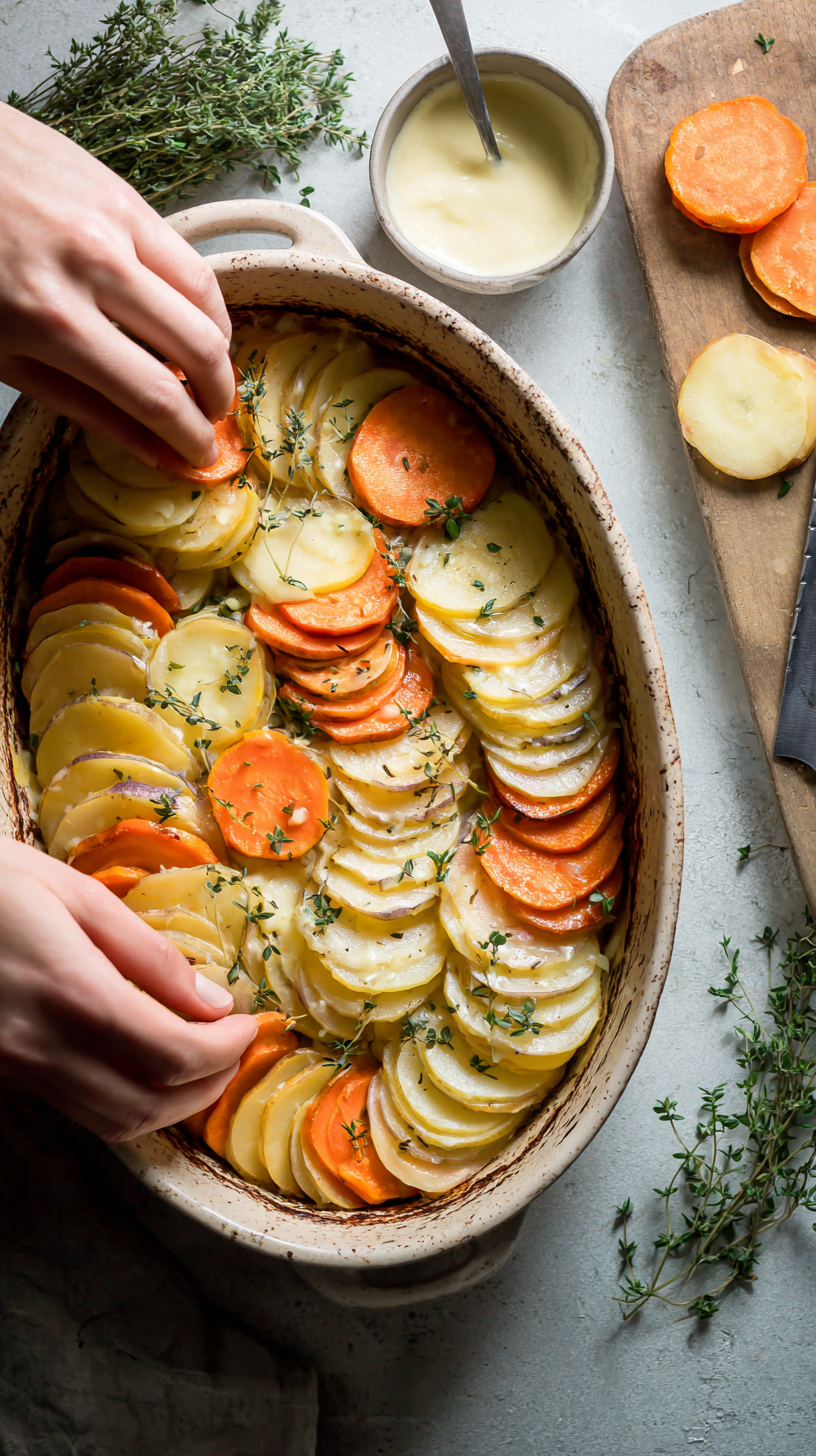 Preparing Cheesy Root Vegetable Gratin step by step cooking process