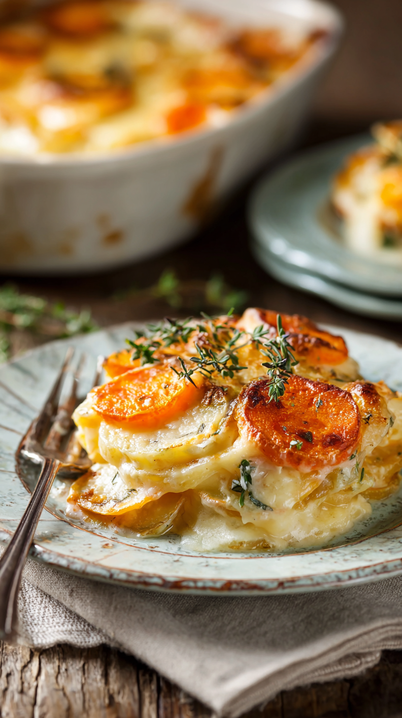 Cheesy Root Vegetable Gratin being served on beautiful dinnerware