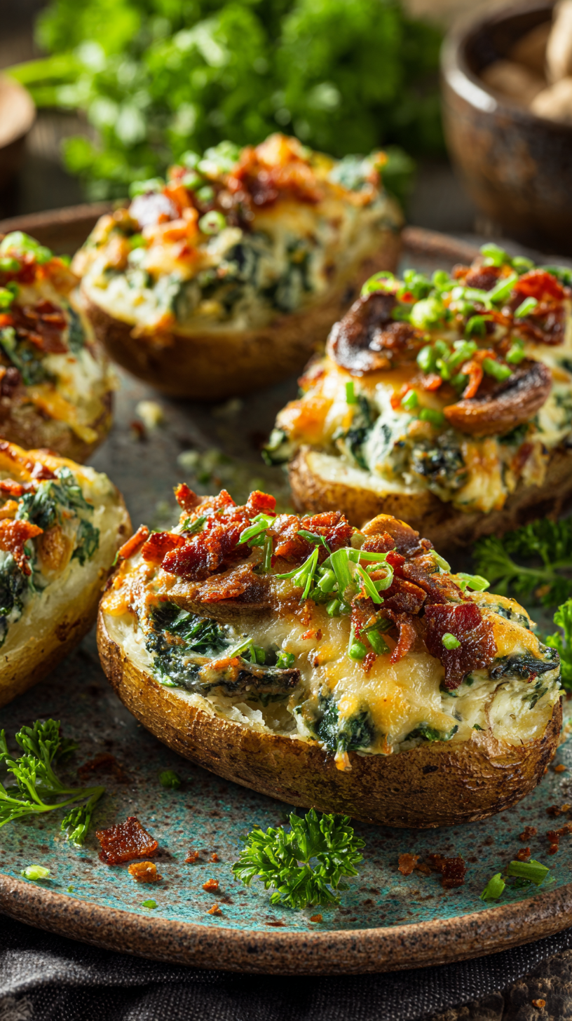 Cheesy Twice-Baked Stuffed Potatoes With Spinach & Mushrooms being served on beautiful dinnerware