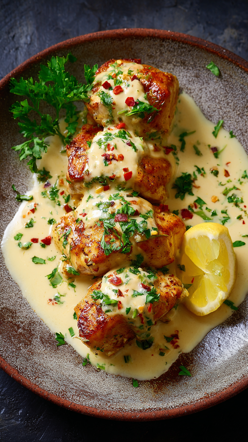 Chicken Fillet in Spicy Garlic-Parmesan Sauce being served on beautiful dinnerware