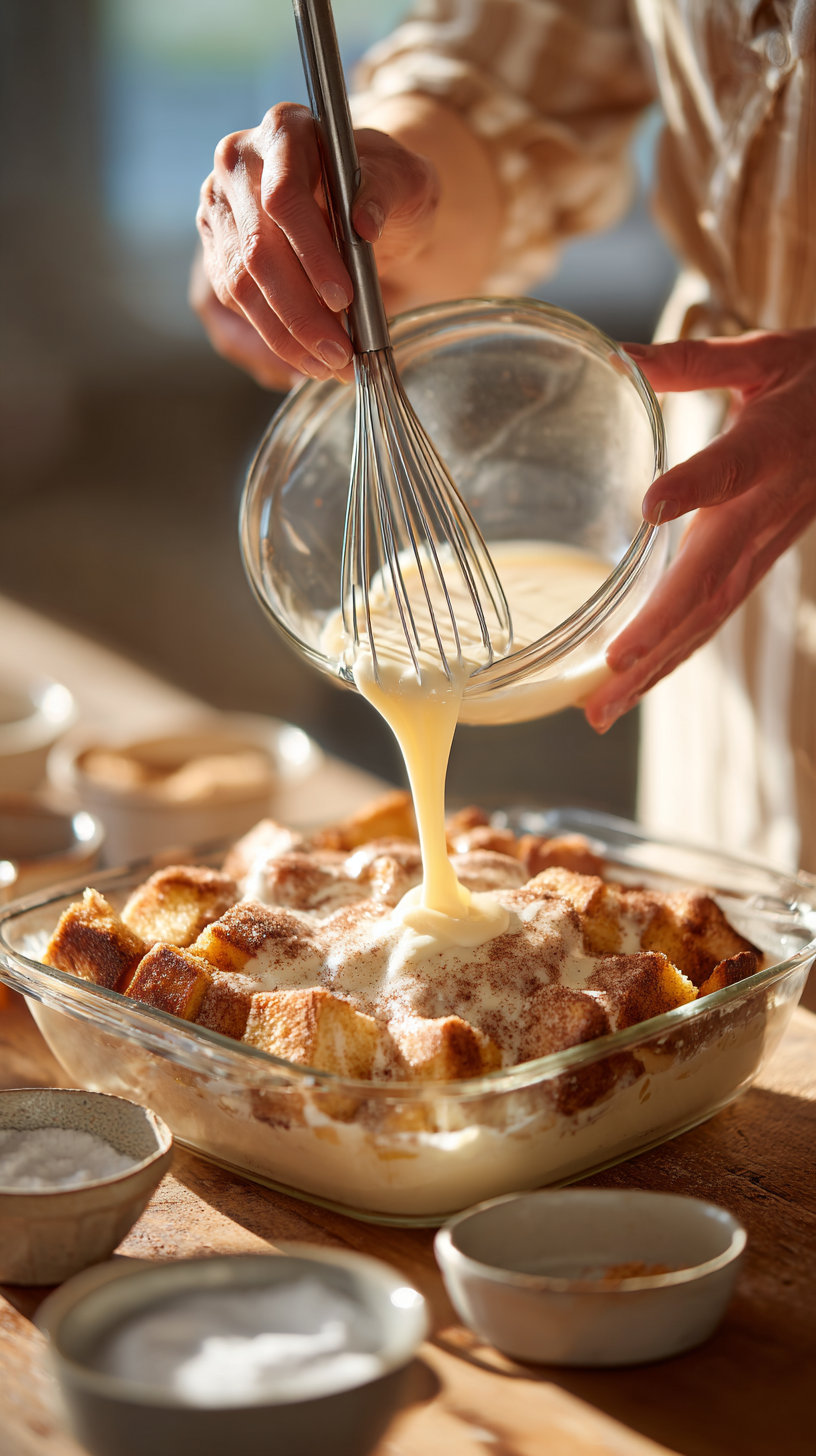 Preparing Cinnamon Roll French Toast Casserole step by step cooking process