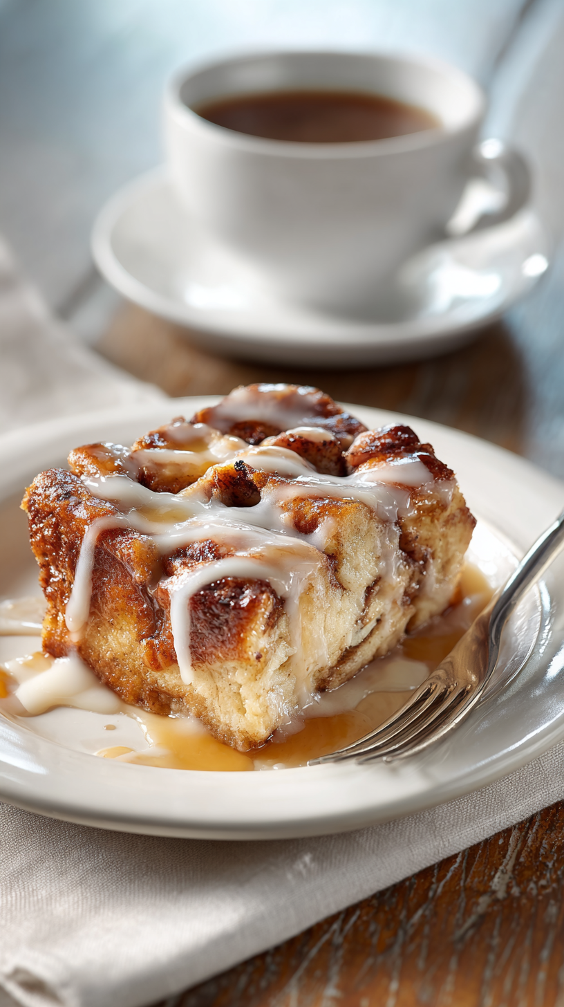 Cinnamon Roll French Toast Casserole being served on beautiful dinnerware